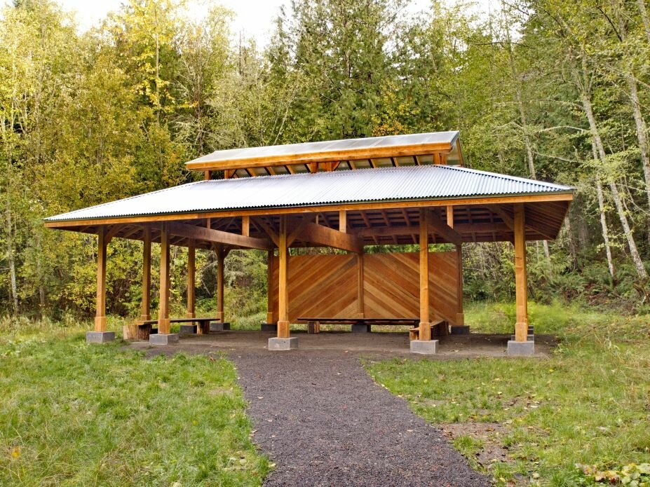 Timber-frame pavilion stands at Valley View Forest